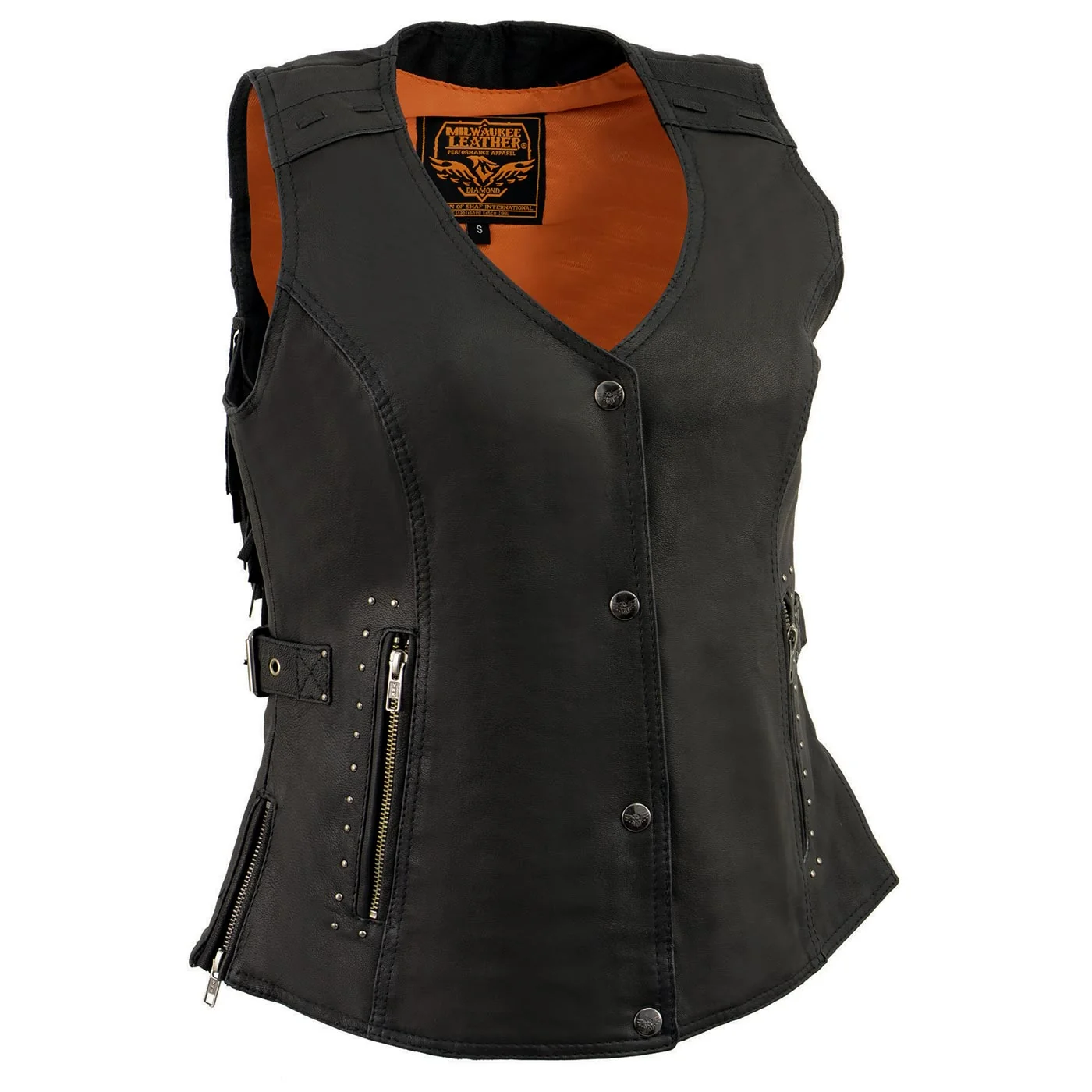 Traditional Milwaukee Leather MLL4565 Women’s Black Fringed Leather Rivet Detail Side Buckle and Zipper Motorcycle Rider Vest Breathable