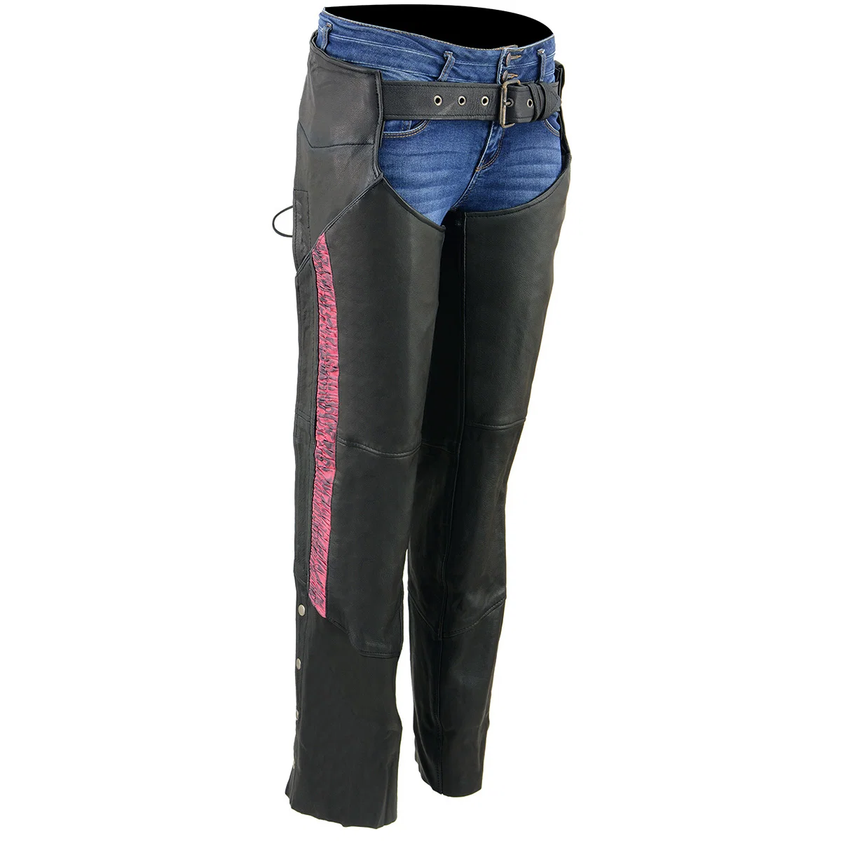 Breathable Milwaukee Leather Chaps for Women Black Lightweight Goat Skin- Crinkled Stripes Reflective Motorcycle Chap- MLL6501 Fast