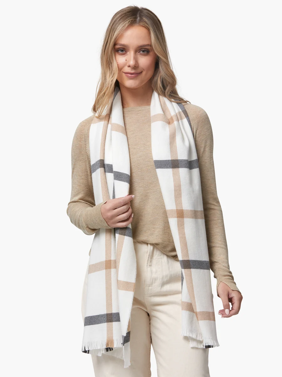 Traditional Foxford White Neutral Stripe Extra-Fine Merino Scarf Durable