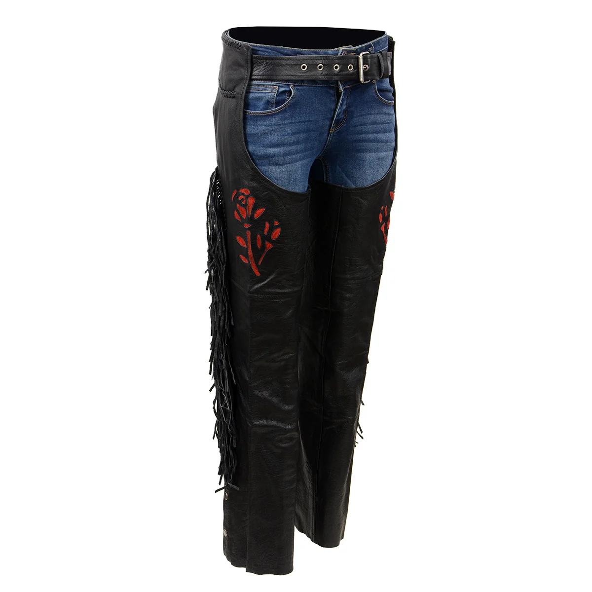Authentic Milwaukee Leather SH1116 Women’s Classic Braided Fringed Black Leather Motorcycle Chaps w Red Rose Embroidery Fashionable