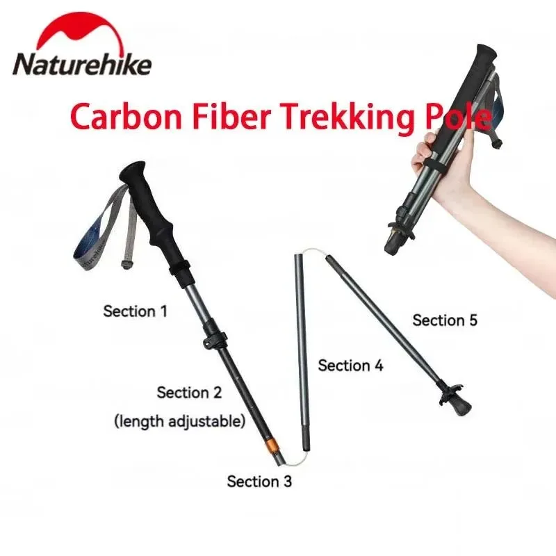 Trusted 5-Section Folding Trekking Pole Carbon Fiber and Aluminum Alloy Ultralight Walking Stick for Hiking and Climbing Solid