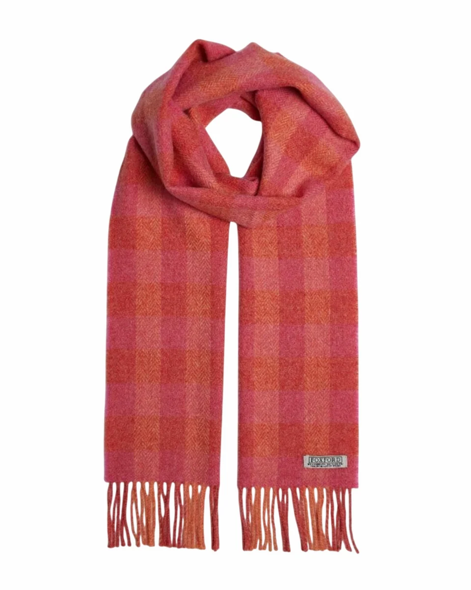 Professional Foxford Orange Pink Check Lambswool Scarf Certified
