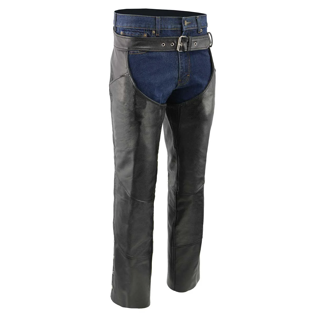 Functional Men’s XS432 Classic Black Thermal Lined Leather Motorcycle Chaps with Jean Style Pockets High-Quality