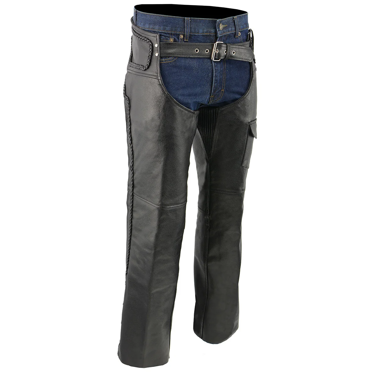 Superior Men's XS406 Classic Black Braided Thermal Lined Leather Motorcycle Chaps with Outside Flap Pocket Elegant