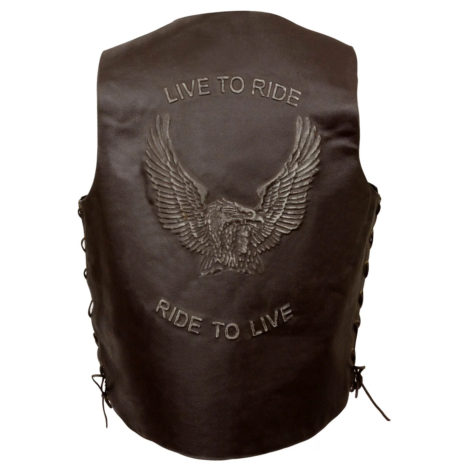 Fine Event Leather ELM3900 Men’s ‘Live to Ride’ Brown Leather Side Lace Vest with Flying Eagle Emboss Solid