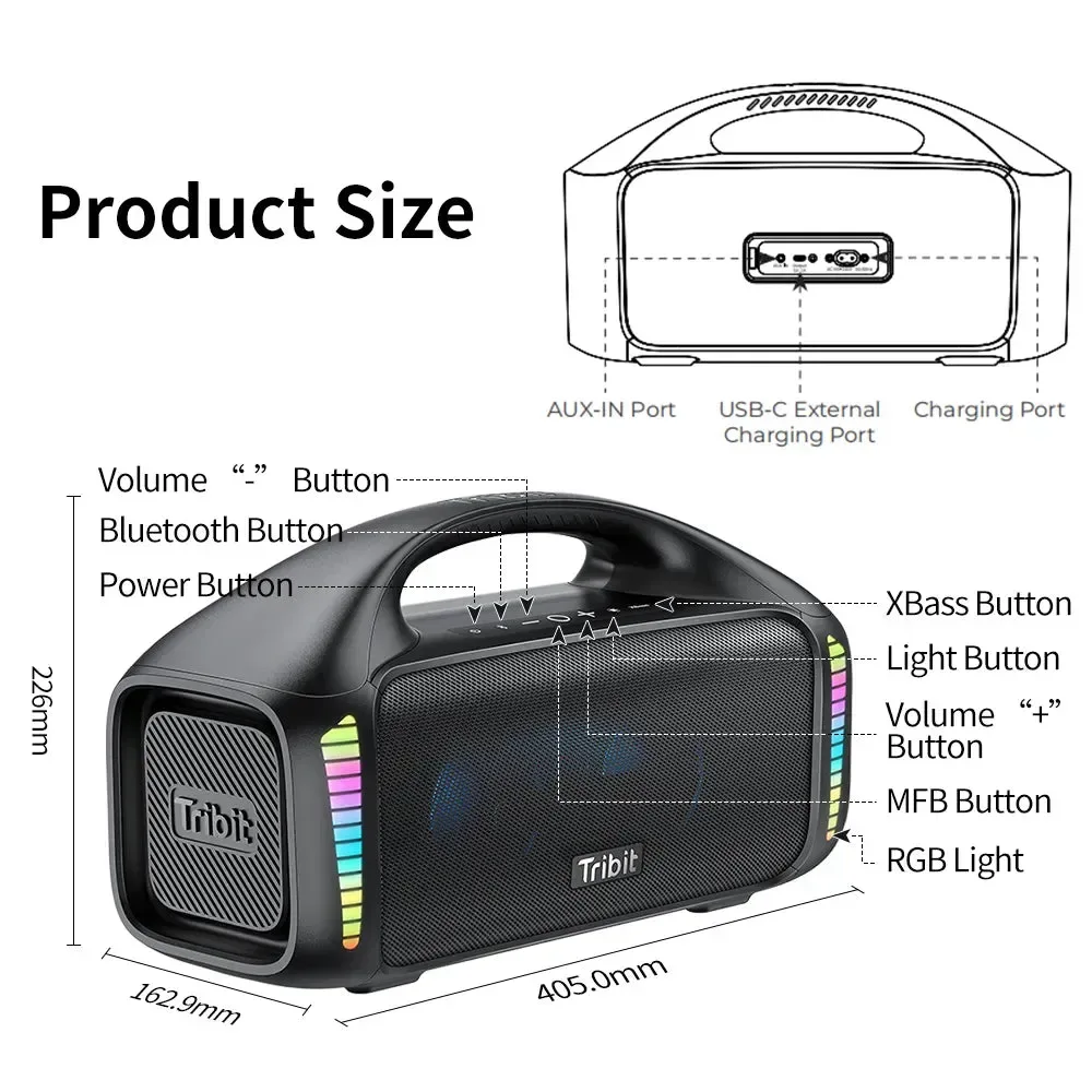 Innovative Outdoor Portable Bluetooth Speaker – IPX7 Waterproof Party and Camping Speaker with 30H Playtime Tribit StormBox Blast Wireless Bluetooth Speaker Main Features90W Powerful SoundBluetooth 5.3Up To 30hrs Of Playtime32 LED Ambient Light DesignIPX7 WaterproofCustomize EQ ModesBuilt-in PowerbankWireless Dual Stereo PairingSuitable For Multiple EnvironmentsProduct IntroductionWhat’s in the box Healthy
