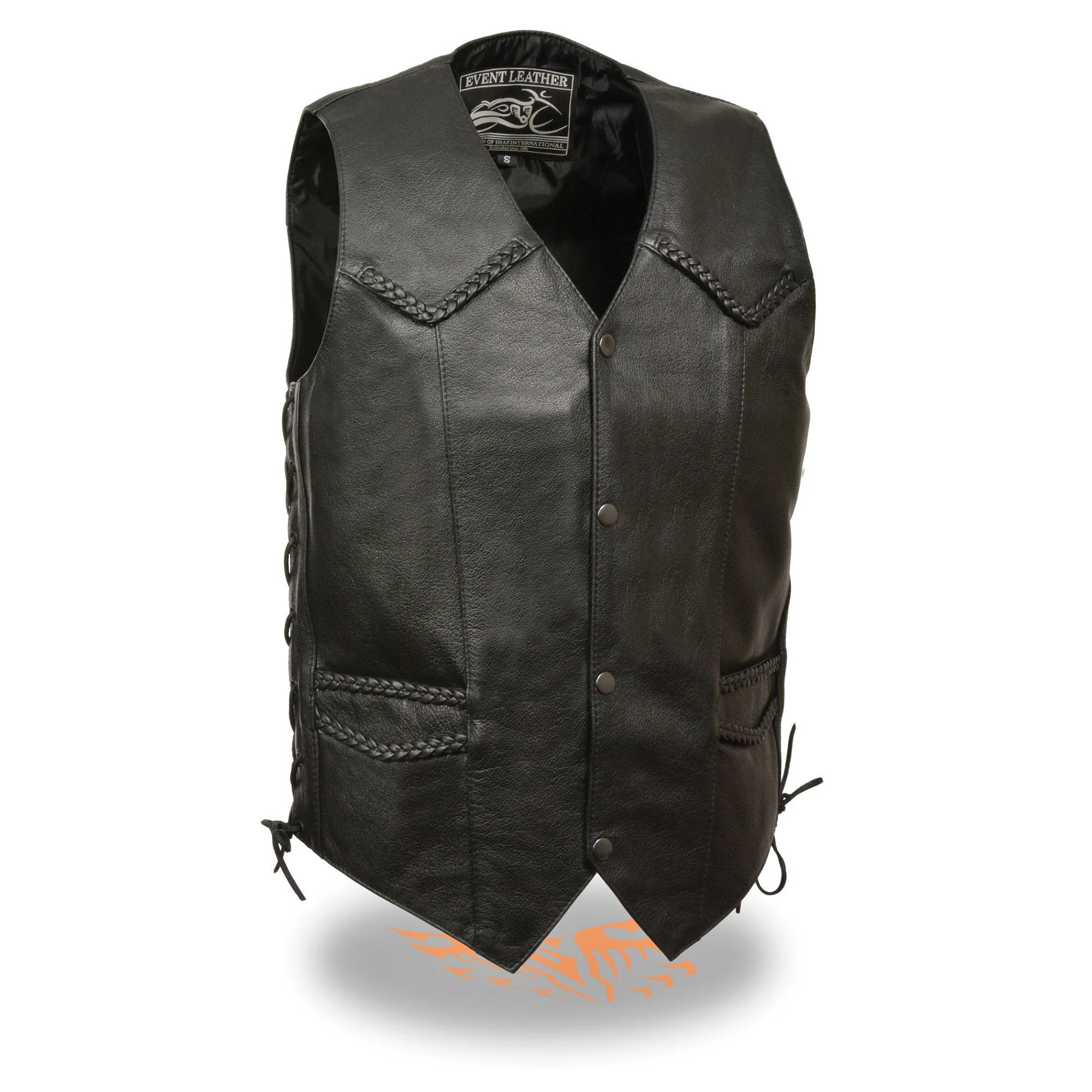Superior Event Leather EL1314GO Men’s Leather Black Classic Side Lace Biker Vest with Braiding Reusable