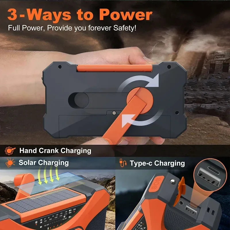 Stylish Emergency Flashlight Torch 10000mAh Power Bank Rechargeable Radio Hand Crank Solar USB AM FM NOAA Weather Radios Versatile