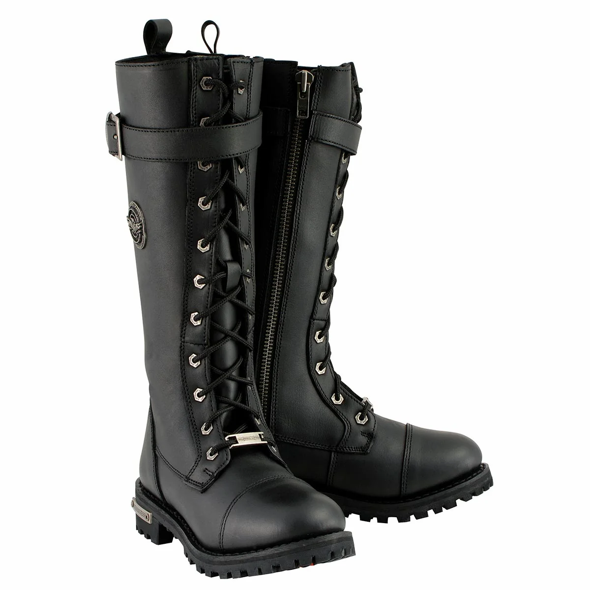 Recyclable Milwaukee Leather Women’s Wide-Width Black 14-inch Lace-Up High-Rise Leather Biker Rider Boots with Calf Buckle MBL9355W Casual