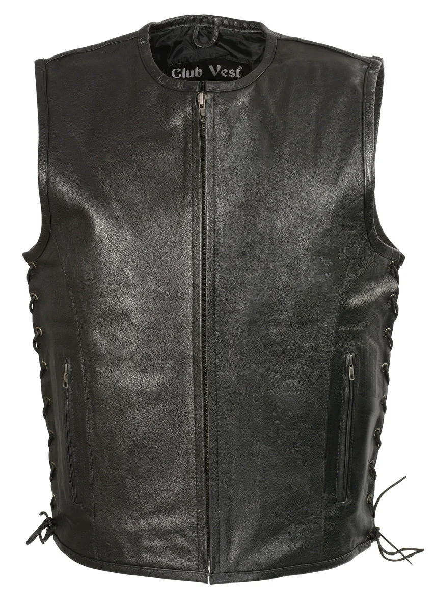 Premium Club Vest CVM3741 Men s Black Zipper Front Side Lace Leather Vest with Seamless Design Secure