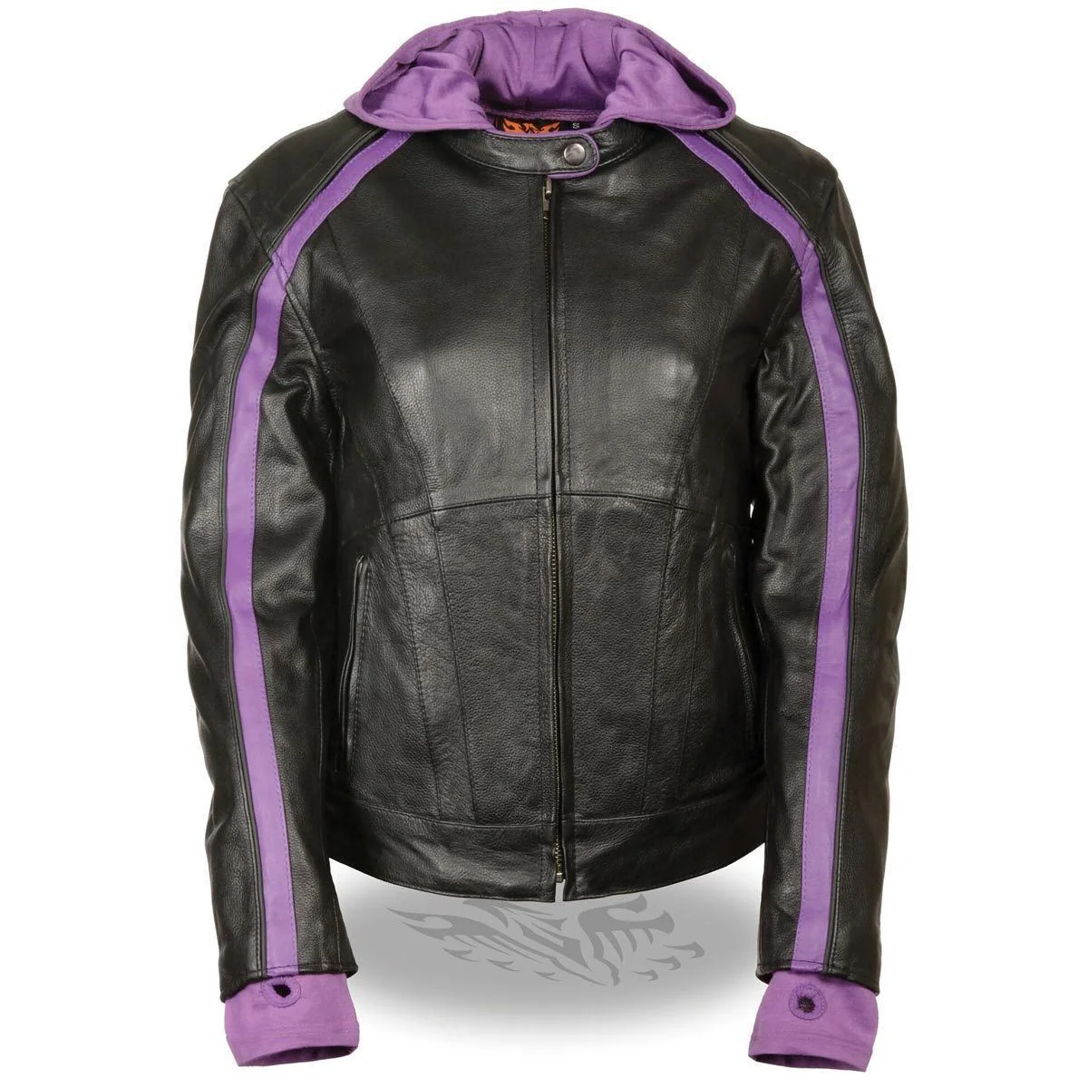 Long-Lasting Milwaukee Leather SH1951 Women’s Striped Black and Purple Leather Jacket with Zip-Out Hoodie Secure