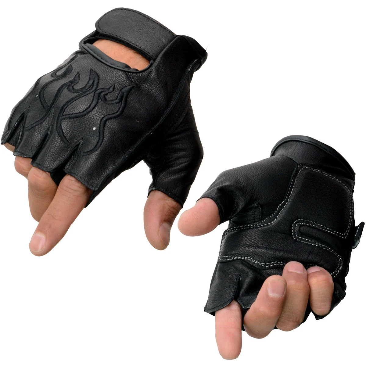 Fine Crafted Milwaukee Leather SH198 Men’s Black Gel Palm Fingerless Motorcycle Gloves with Black Flame Embroidery Smooth