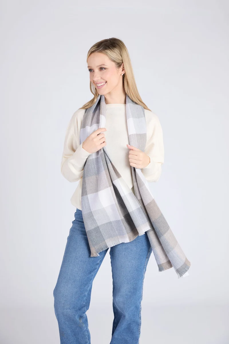 Sustainable Foxford Mink Block Check Extra-Fine Merino Scarf Fashionable
