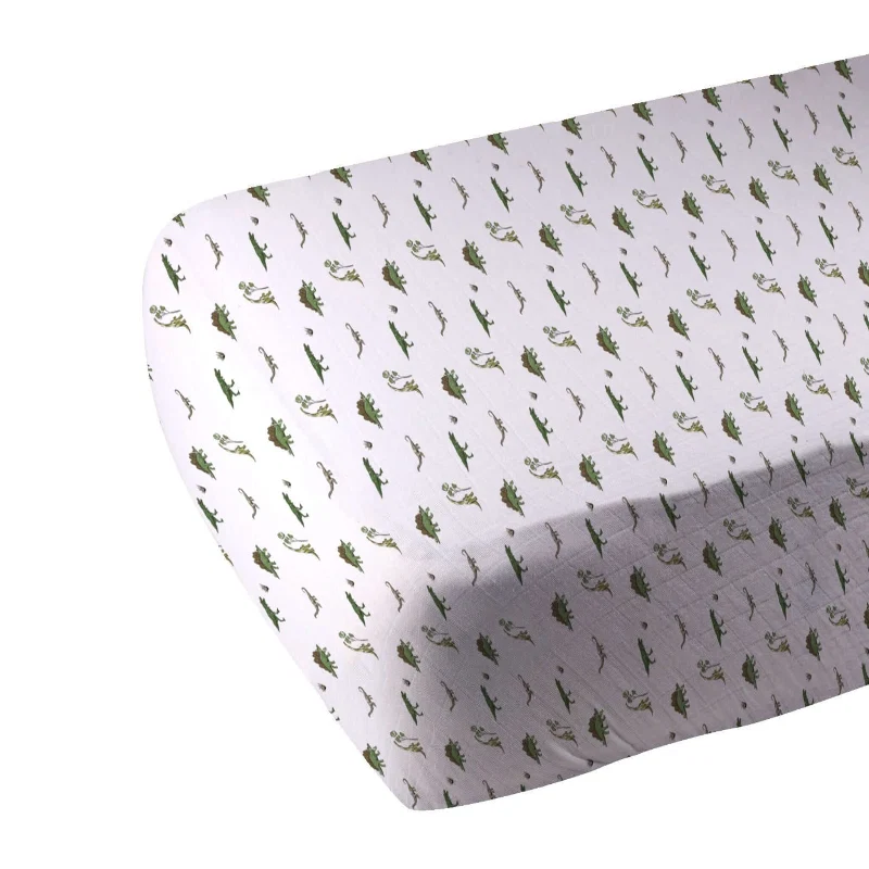 Long-Lasting Dino Days Muslin Crib Sheet Natural