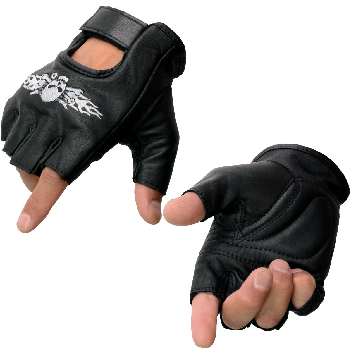 Soft Milwaukee Leather SH353 Men’s Black Leather Gel Padded Palm Fingerless Motorcycle Hand Gloves W Embroidered Skull Bones Certified