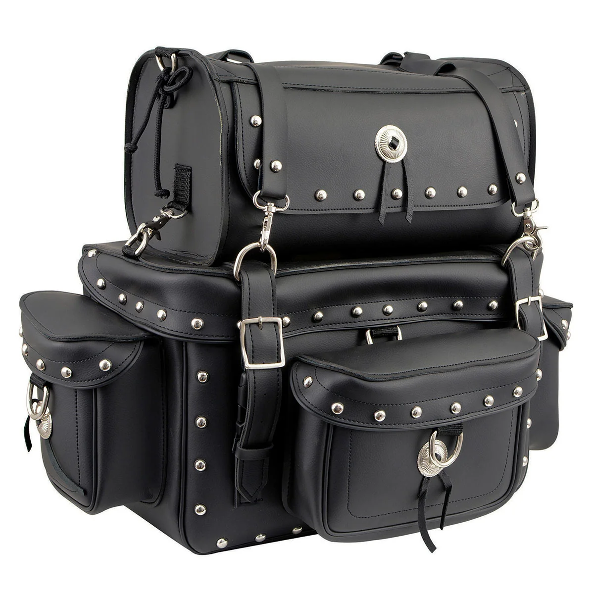 Traditional Milwaukee Leather MP8100S Large Black PVC 2-Piece Studded Motorcycle Touring Pack Sissy Bar Bag Certified
