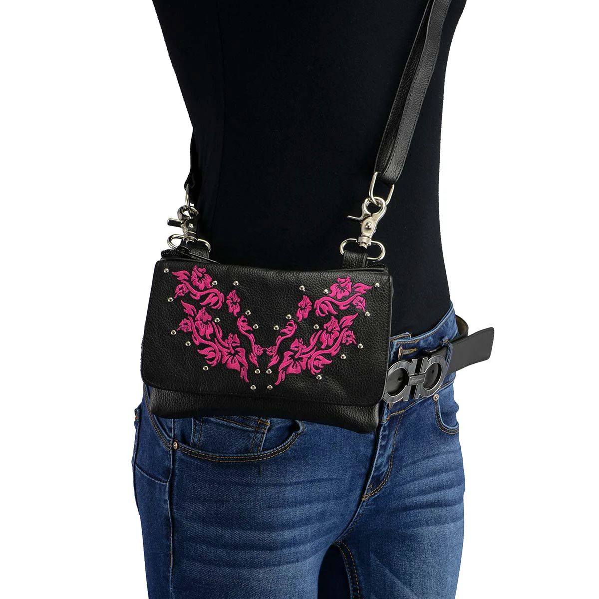 Crafted Milwaukee Leather MP8853 Women’s ‘Flower’ Black and Pink Leather Multi Pocket Belt Bag Fine Crafted