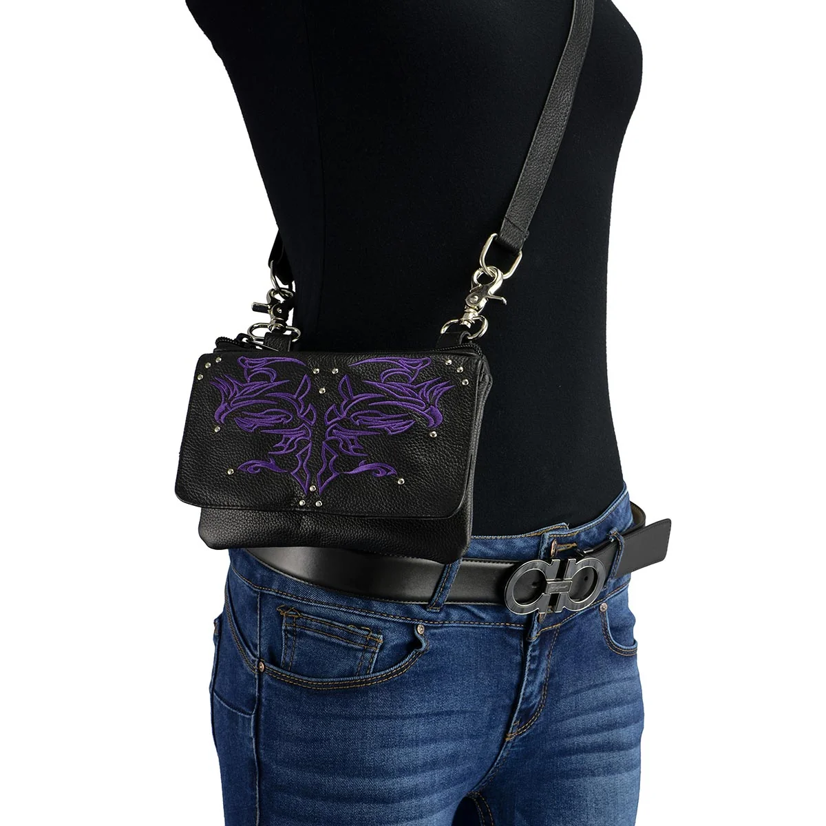 Prestigious Milwaukee Leather MP8852 Women’s Black and Purple Leather Multi Pocket Belt Bag Modern