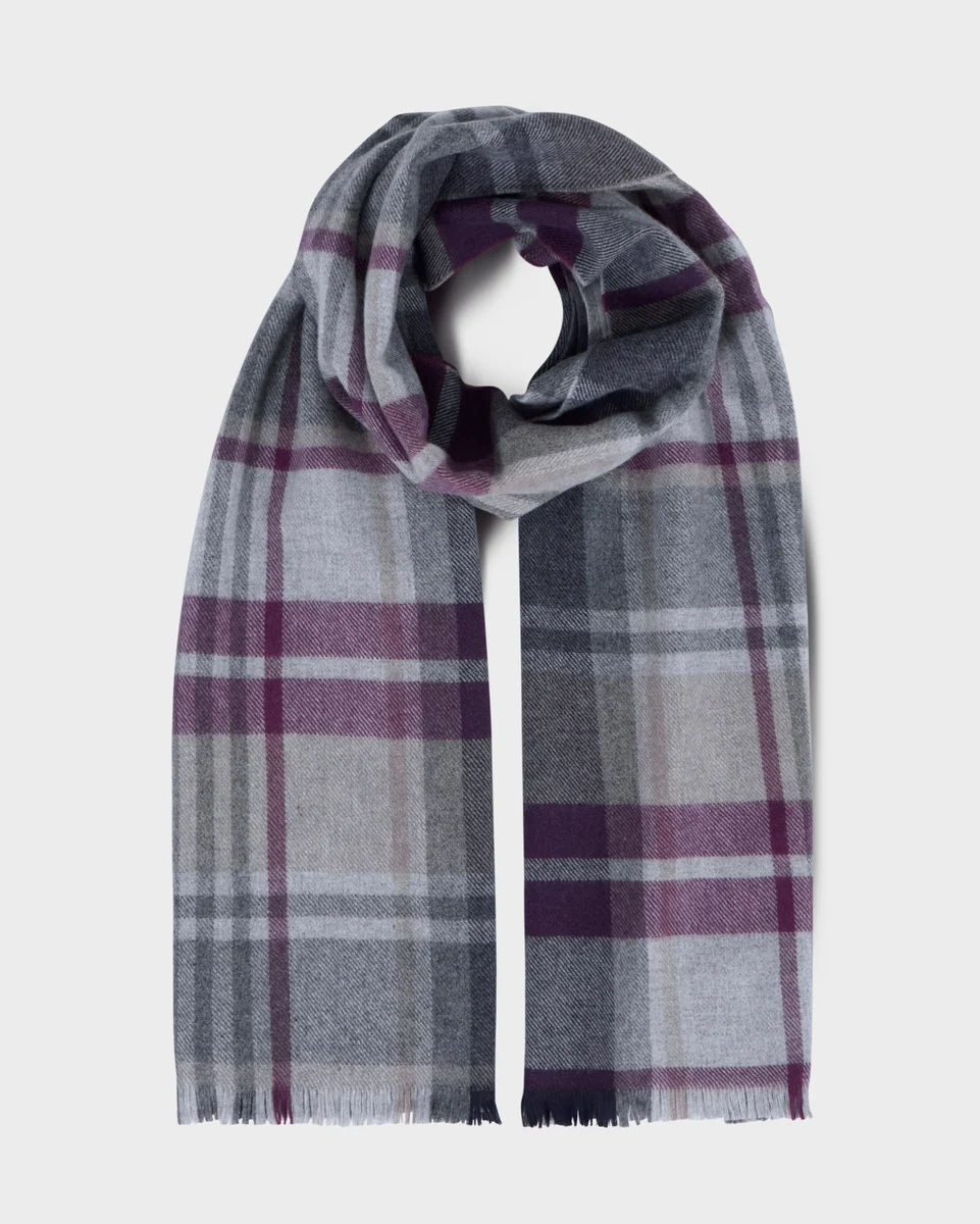 Modern Foxford Aubergine and Grey Tartan Fine Wool Cashmere Blend Scarf Lightweight