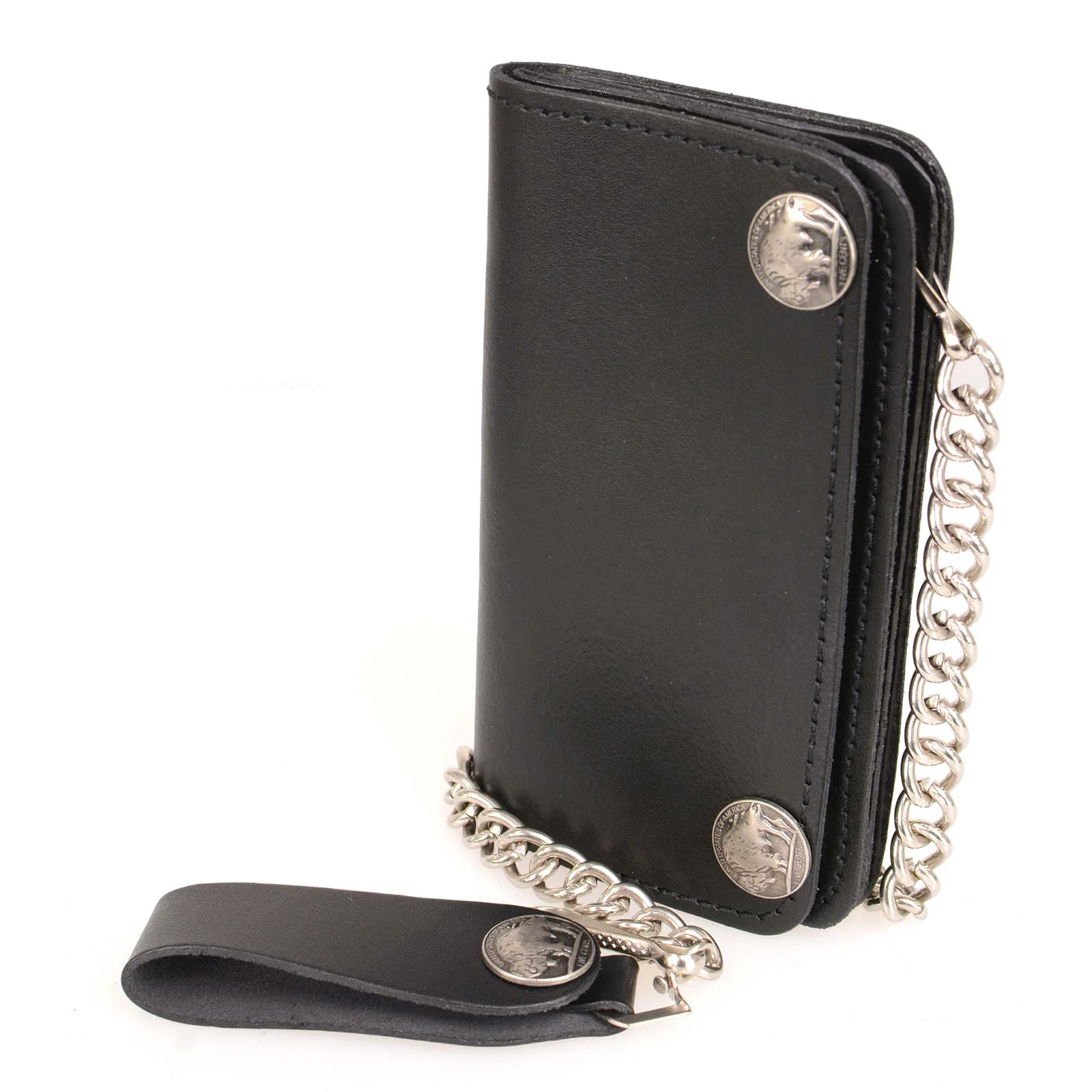 World-Class Milwaukee Leather MLW7801 Men’s 6 Leather Long Bi-Fold Biker Wallet w Anti-Theft Stainless Steel Chain and Buffalo Nickel Snaps Fast