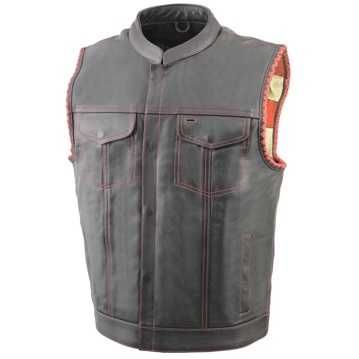 Next-Generation Milwaukee Leather MLM3506 Men’s Black Premium Leather Vest – Old Glory Laced Armholes Red Stitching Club Style Vest Smart