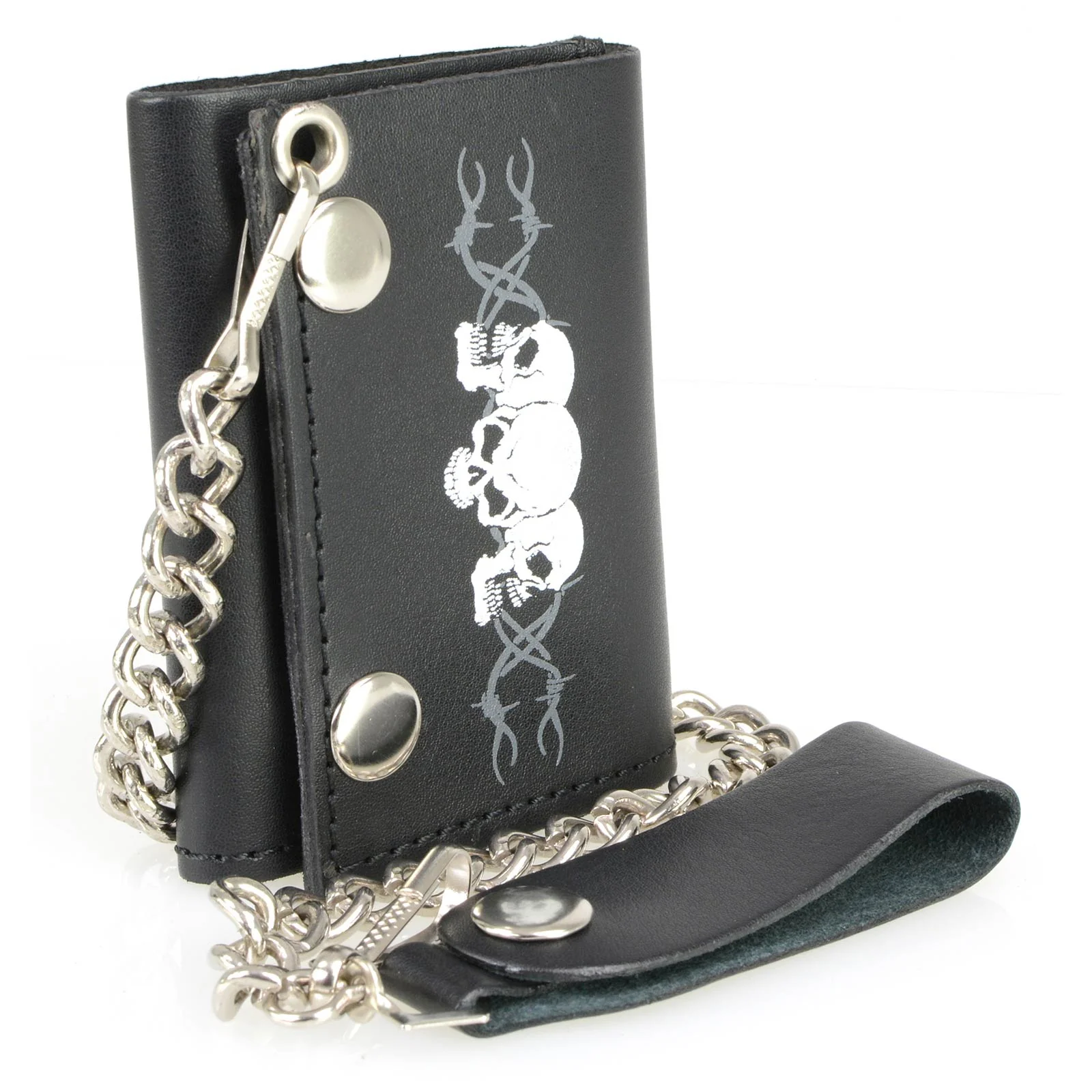 Trendy Milwaukee Leather MLW7836 Men’s 4 Leather Triple Skull Tri-Fold Wallet w Anti-Theft Stainless Steel Chain Outstanding