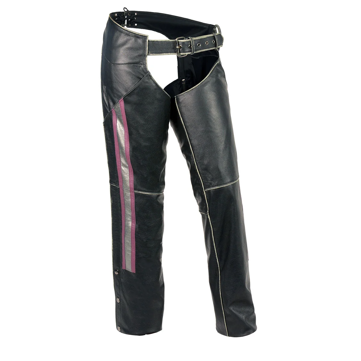 Flexible Milwaukee Leather MLL6515 Women’s ‘Pink Stripe’ Classic Black Rub-Off Low-Rise Leather Chaps Selected