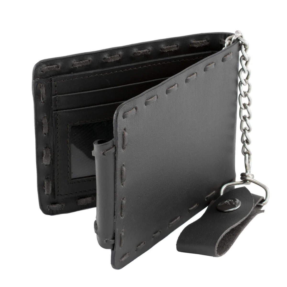 Solid Milwaukee Leather MLW7810 Men’s Black Leather Whip Stitch Bi-Fold Biker Wallet with Steel Chain Minimalist