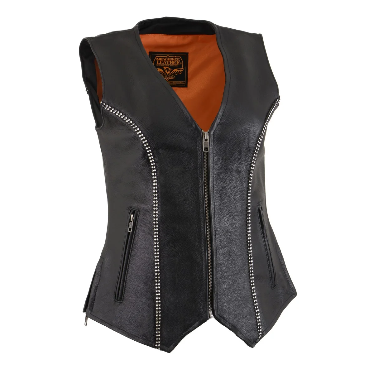 Eco-Friendly Milwaukee Leather MLL4502 Women’s Black Leather Classic V-Neck Motorcycle Rider Vest with Rhinestone Bling Detail Unique