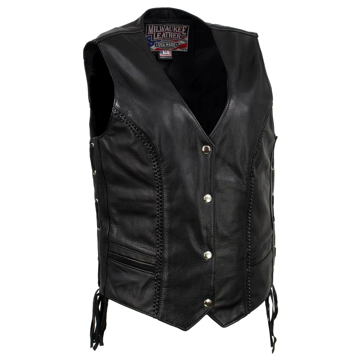 Official Milwaukee Leather USA MADE MLL5001 Women’s Black Vivacious Braided Motorcycle Leather Vest Trendy