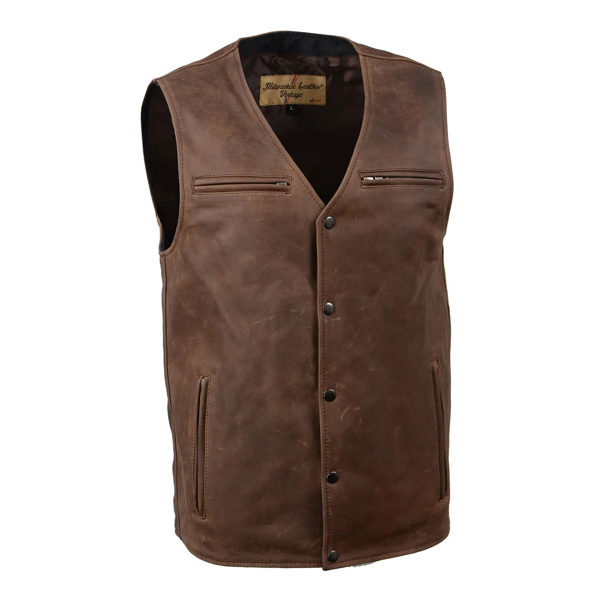 Exceptional Milwaukee Leather MLM3518 Men’s Gambler Snap Front Vintage Crazy Horse Brown Motorcycle Leather Vest Fine