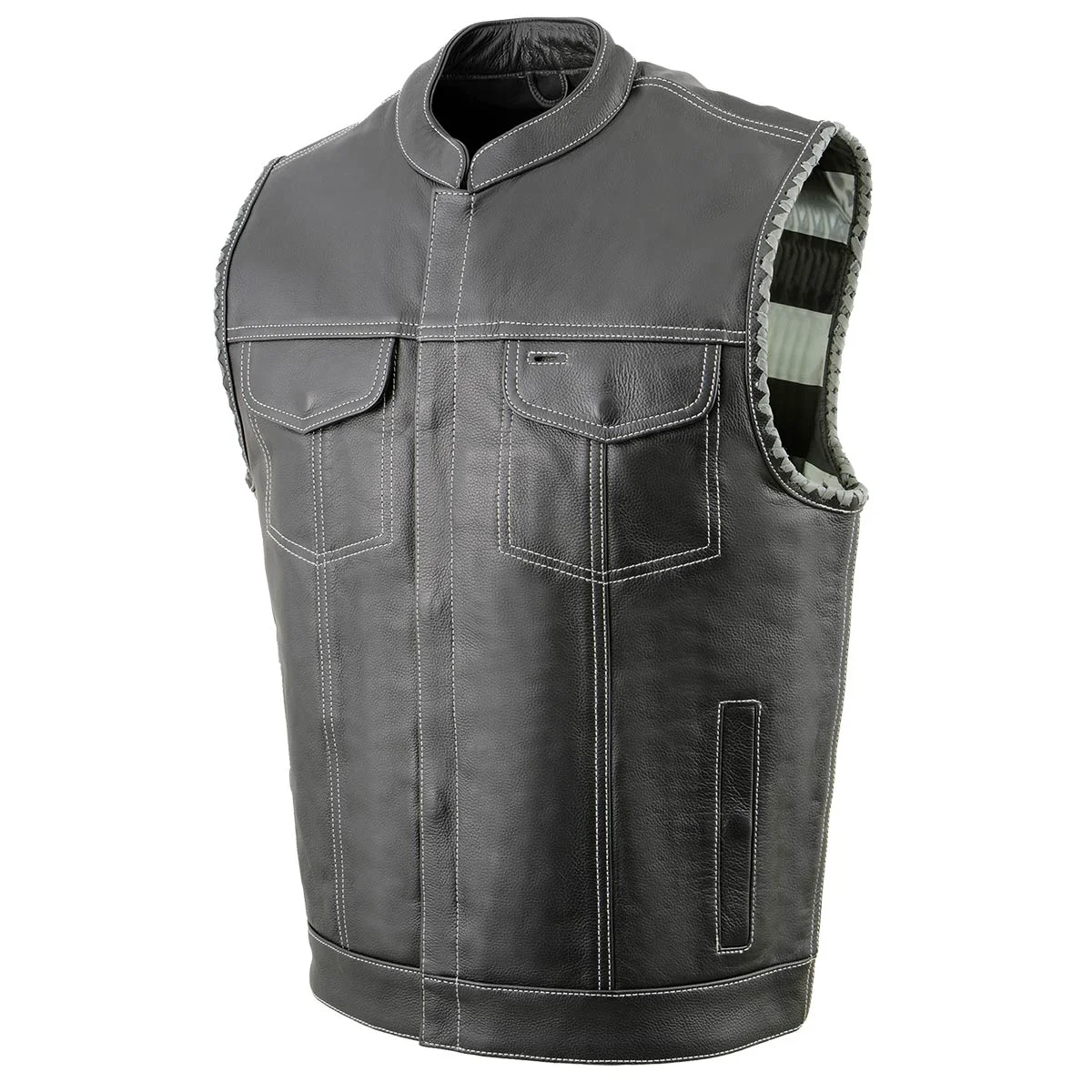 Original Design Milwaukee Leather MLM3507 Men’s Old Glory Black Premium Leather Club Style Vest w Grey Stitching Laced Armholes Casual