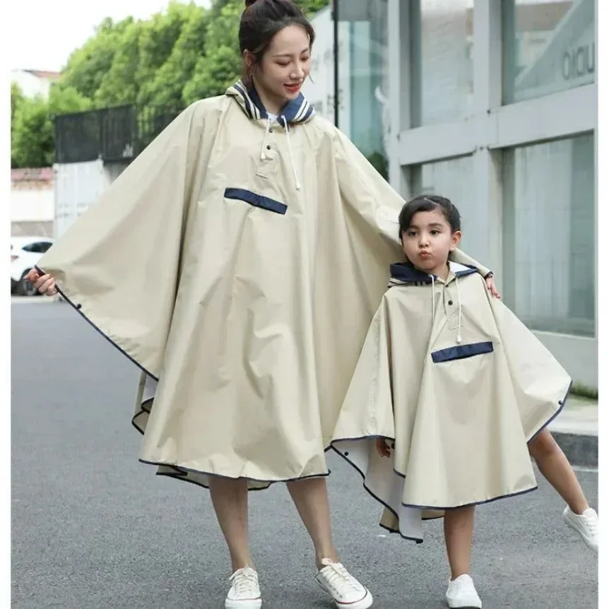 Exclusive Korean Style Parent-Child Waterproof Oxford Cloth Rain Poncho with Schoolbag Space Smart
