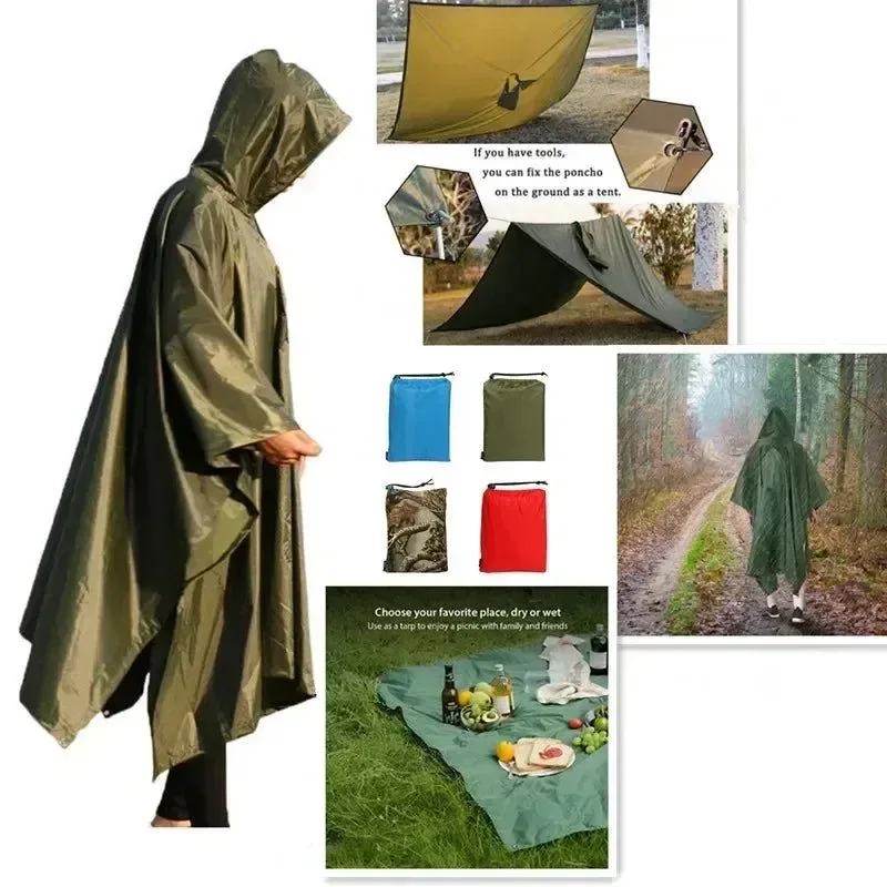 Classic 3-in-1 Military-Style Waterproof Raincoat for Men and Women – Poncho Awning Picnic Mat Pure