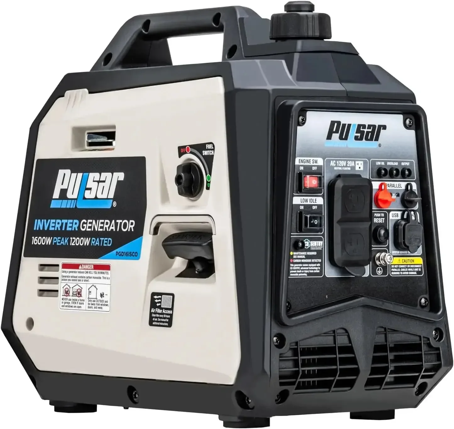 Casual 120V Outlets USB Ports-Pulsar 1600W Ultra-Light Quiet Portable Gas Inverter Generator- CARB Compliant 6.5-Hour Runtime Certified
