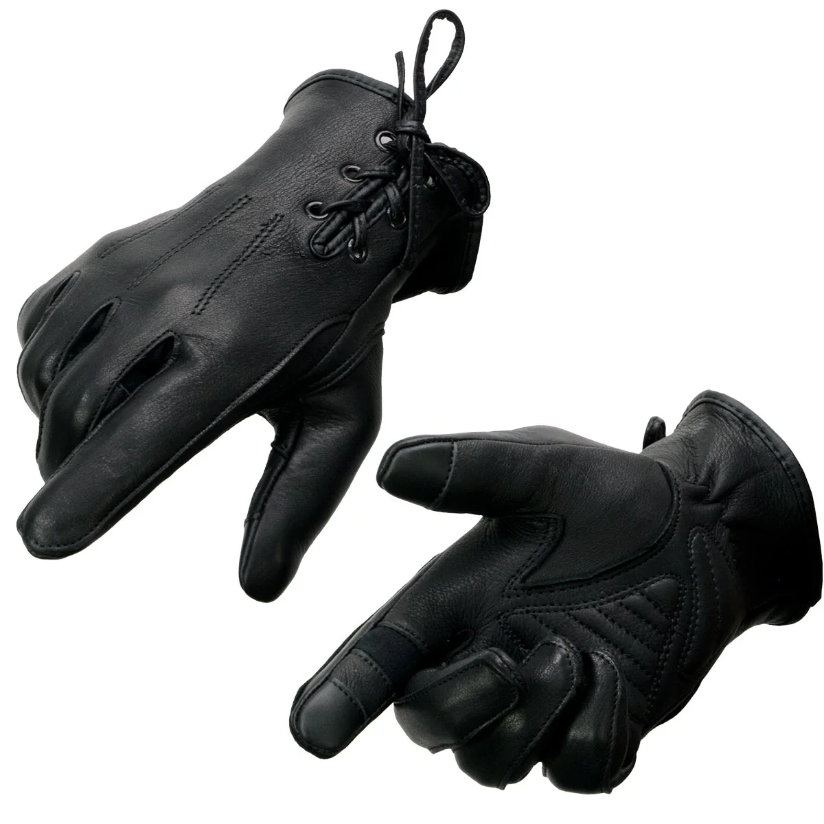 Modern Milwaukee Leather MG7745 Women’s Black Deerskin Laced Wrist Motorcycle Gloves w Gel Palm and i-Touch Screen Solid