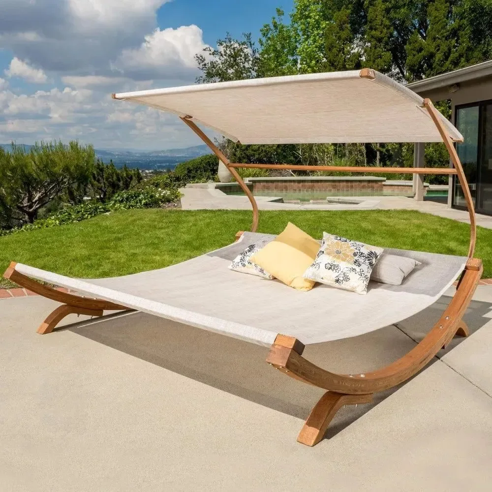 Refined Outdoor Patio Lounge Daybed Hammock with Adjustable Canopy – 300lb Capacity Teak Wood Frame Breathable Mesh Modern