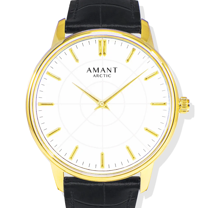 Fine Crafted Amant Arctic Classic Gold Watch with Leather Strap Minimalist Dial Certified