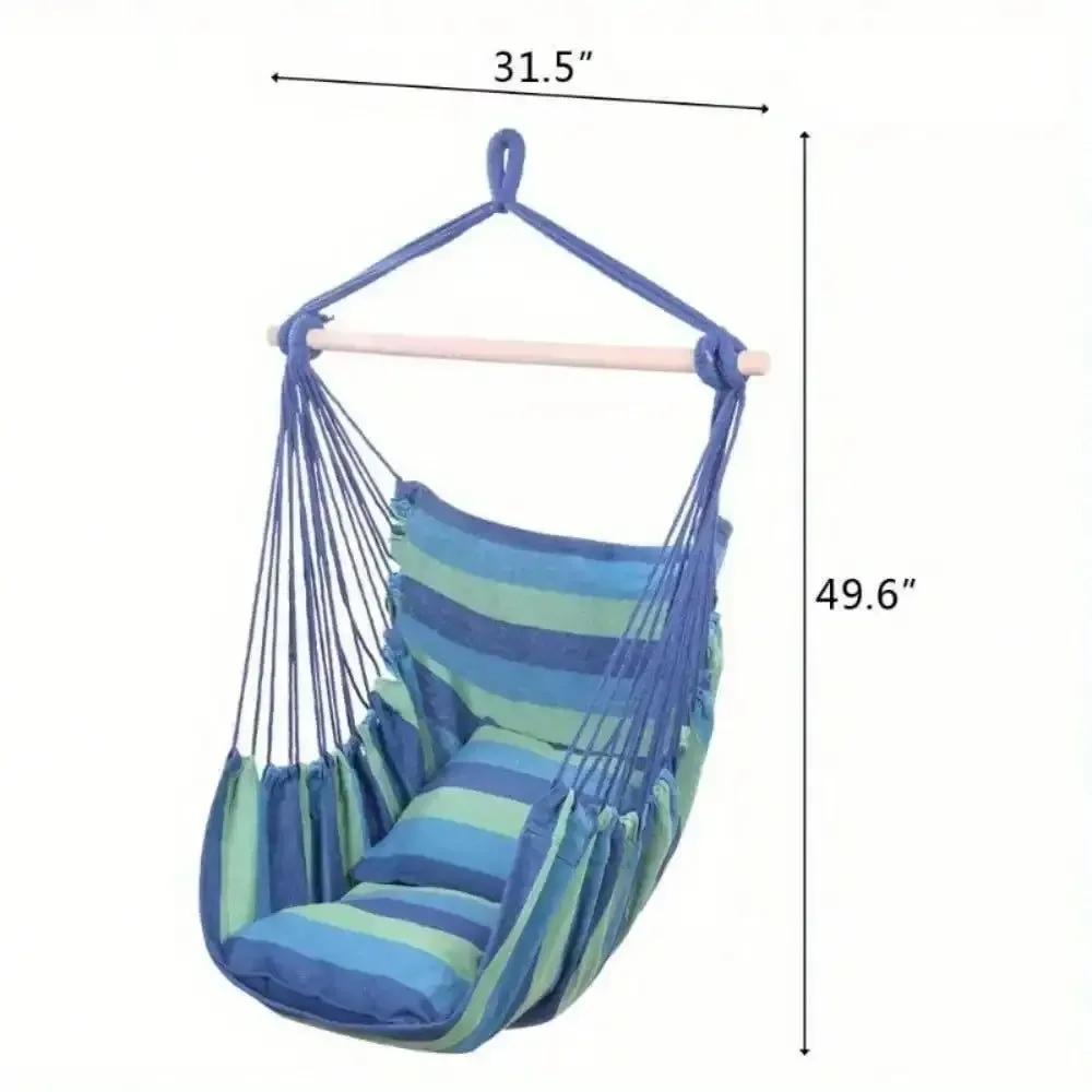 Sophisticated Cotton Canvas Hanging Rope Chair with Pillows – Outdoor Patio Swing Seat for Porch Garden Camping 220lb Capacity Stylish