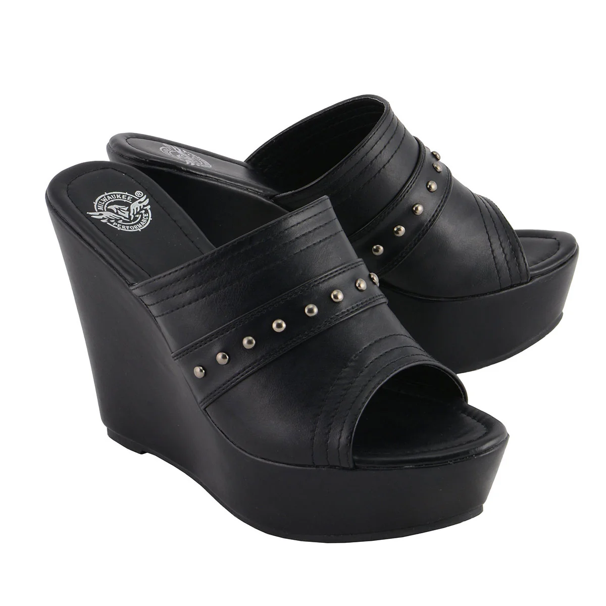 Functional Milwaukee Leather MBL9408 Women’s Black Open Toe Fashion Casual Platform Wedges with Rivet Details Artisan