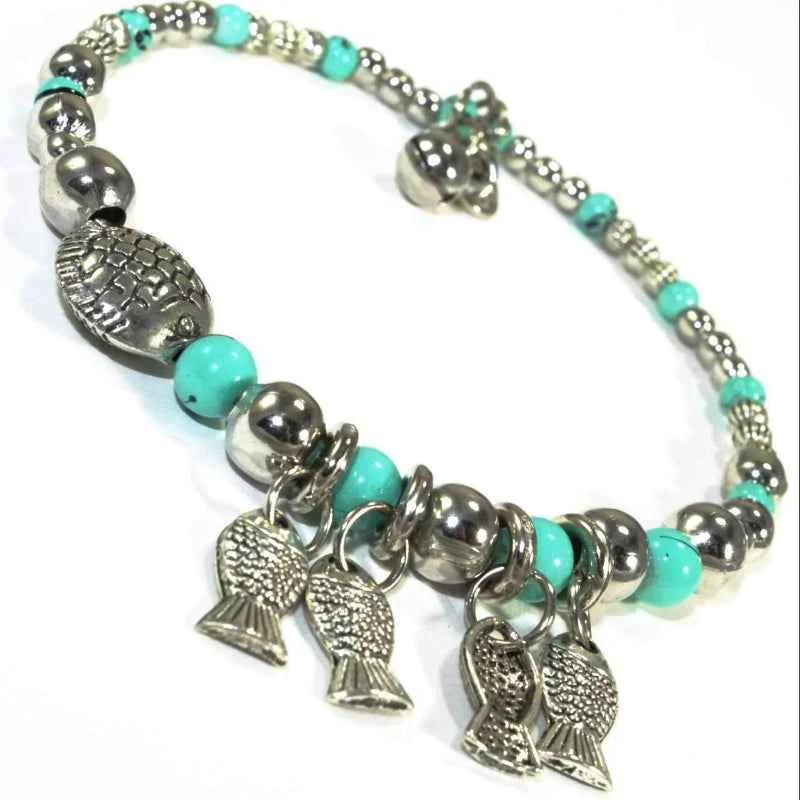 Green Turquoise Beaded Owl Charm Bracelet Silver Tone Chain Jewelry Detailed