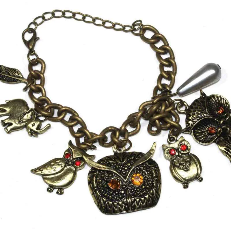 Green Vintage Owl Charm Bracelet Antique Gold Tone Chain Jewelry Artisan
