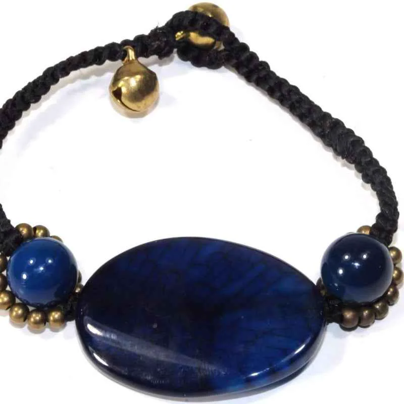 Environmentally Friendly Blue Stone Adjustable Bracelet Black Cord Oval Bead Jewelry Selected
