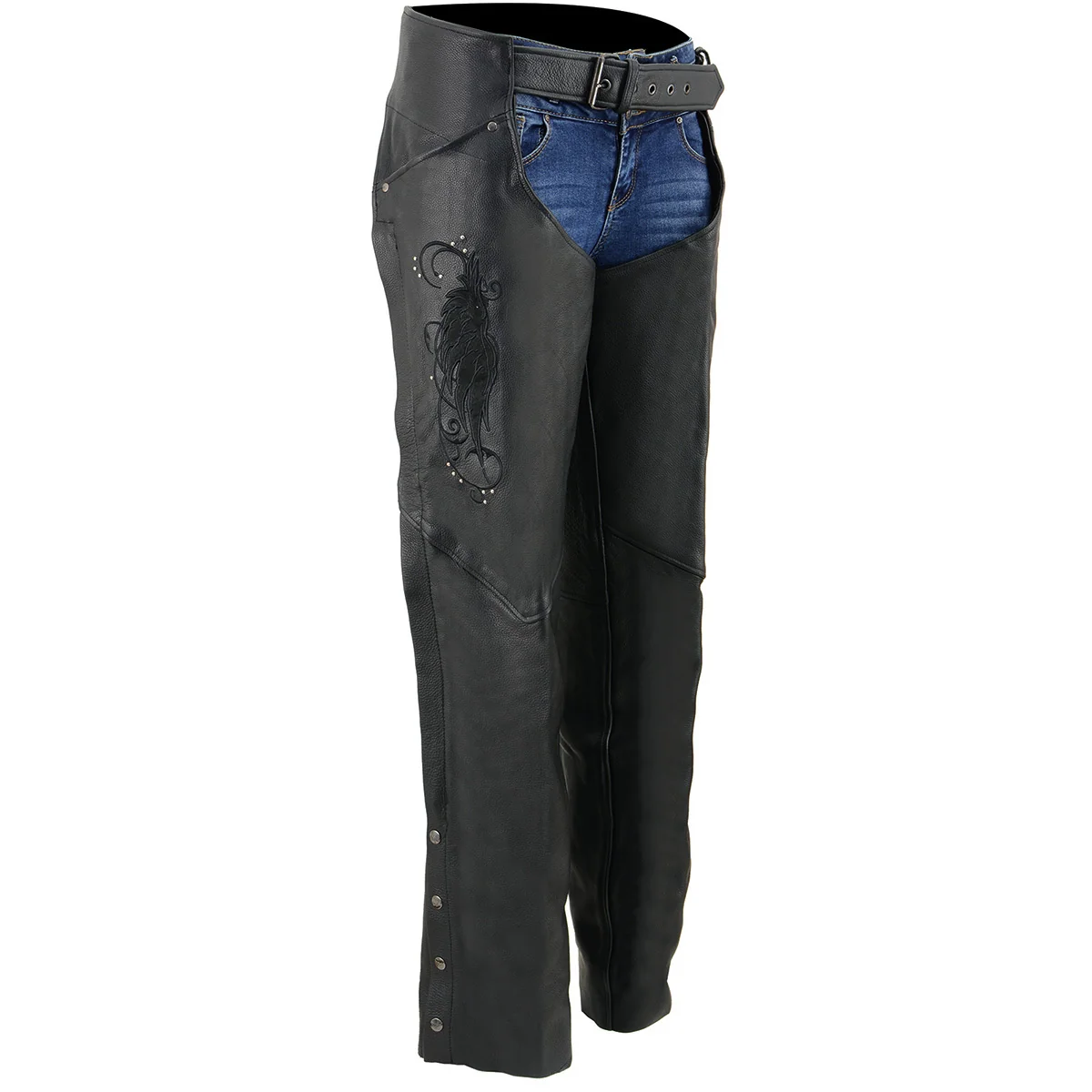 Contemporary Milwaukee Leather Women’s Classic Black Premium Leather Motorcycle Chaps w Black Wing Embroidery-ML1179 Versatile