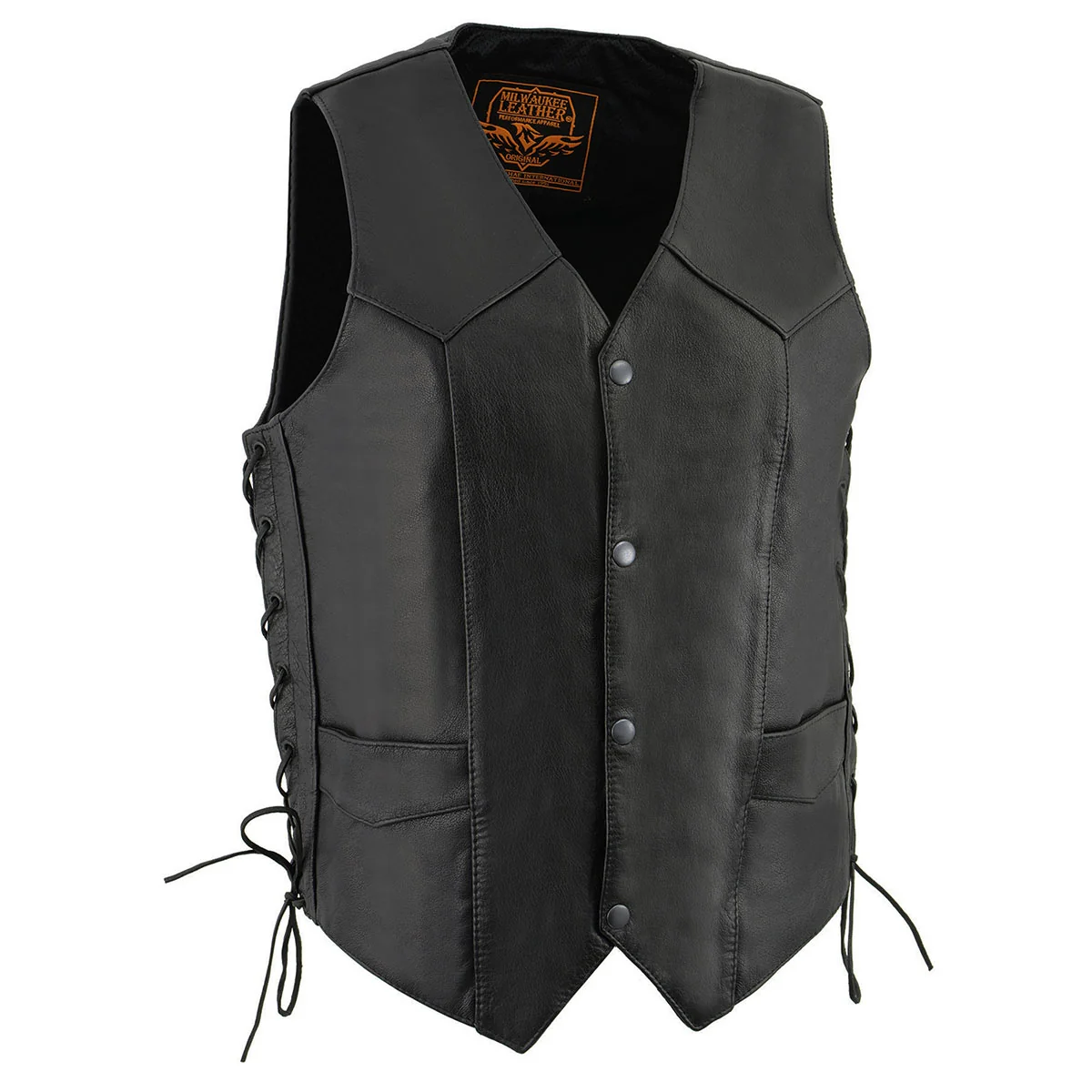 Premium Milwaukee Leather LKM3731 Men’s Black Leather Classic Side Lace V-Neck Motorcycle Rider Vest w Front Snap Closure Sophisticated
