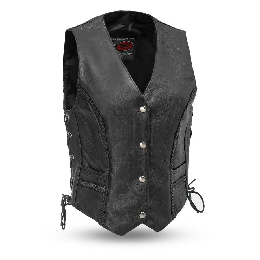 Eco-Friendly First Manufacturing FIL508CFD Women’s The Trinity Black Motorcycle Western Style Leather Vest Powerful
