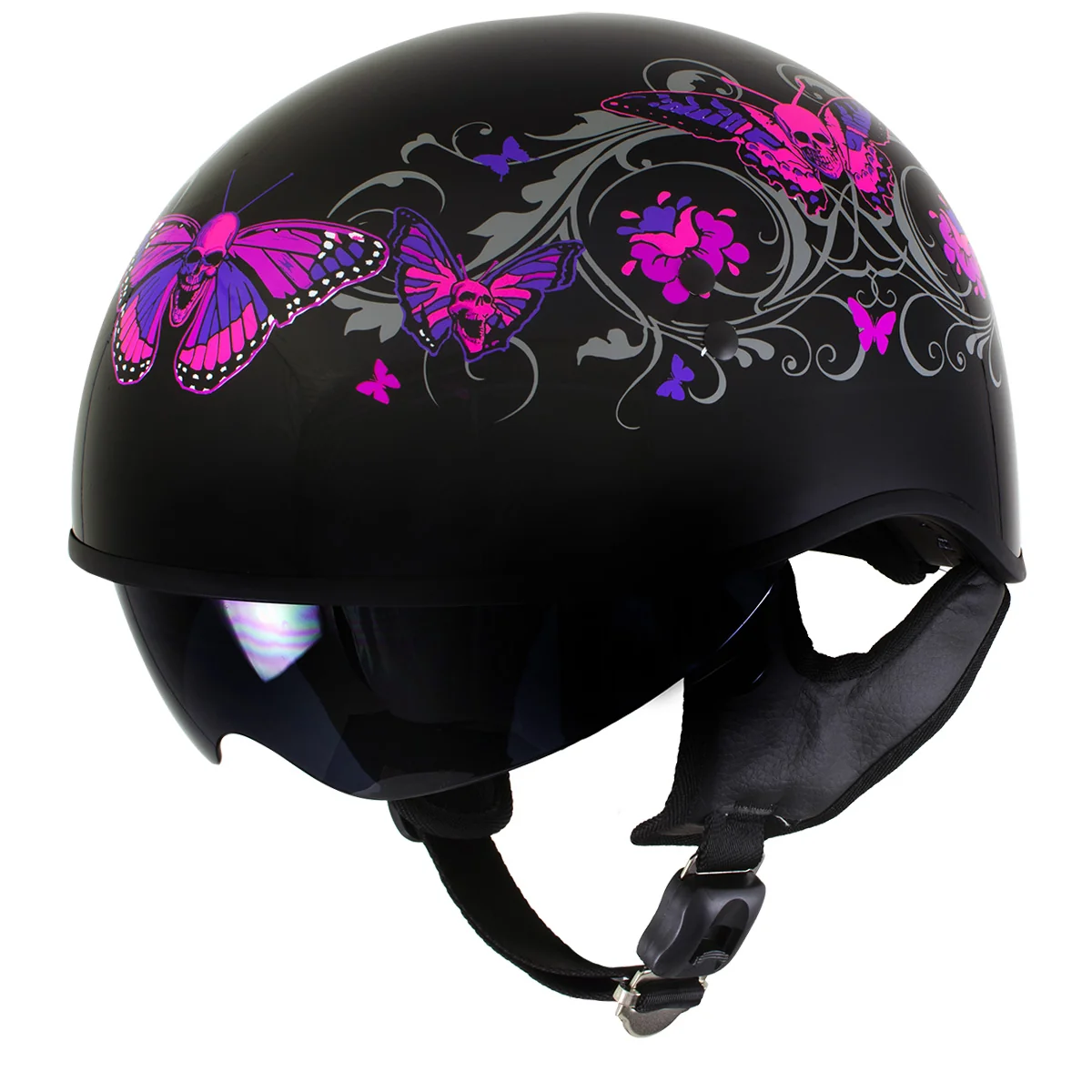Original Design Hot Leathers HLT72 Gloss Black Pink Butterflies Advanced DOT Helmet w Drop Down Visor