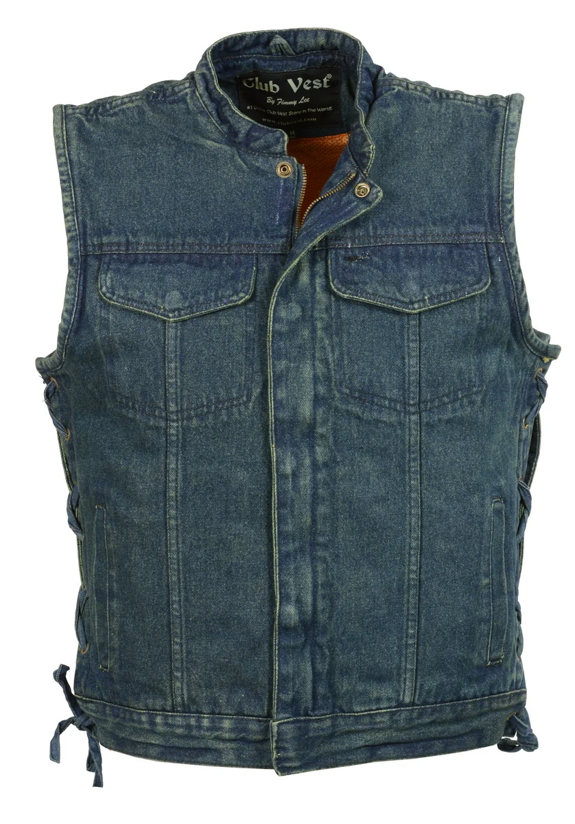 Elite Club Vest CVM3002 Men’s Classic Blue Side Lace Denim Vest with Dual Front Closure Fashionable
