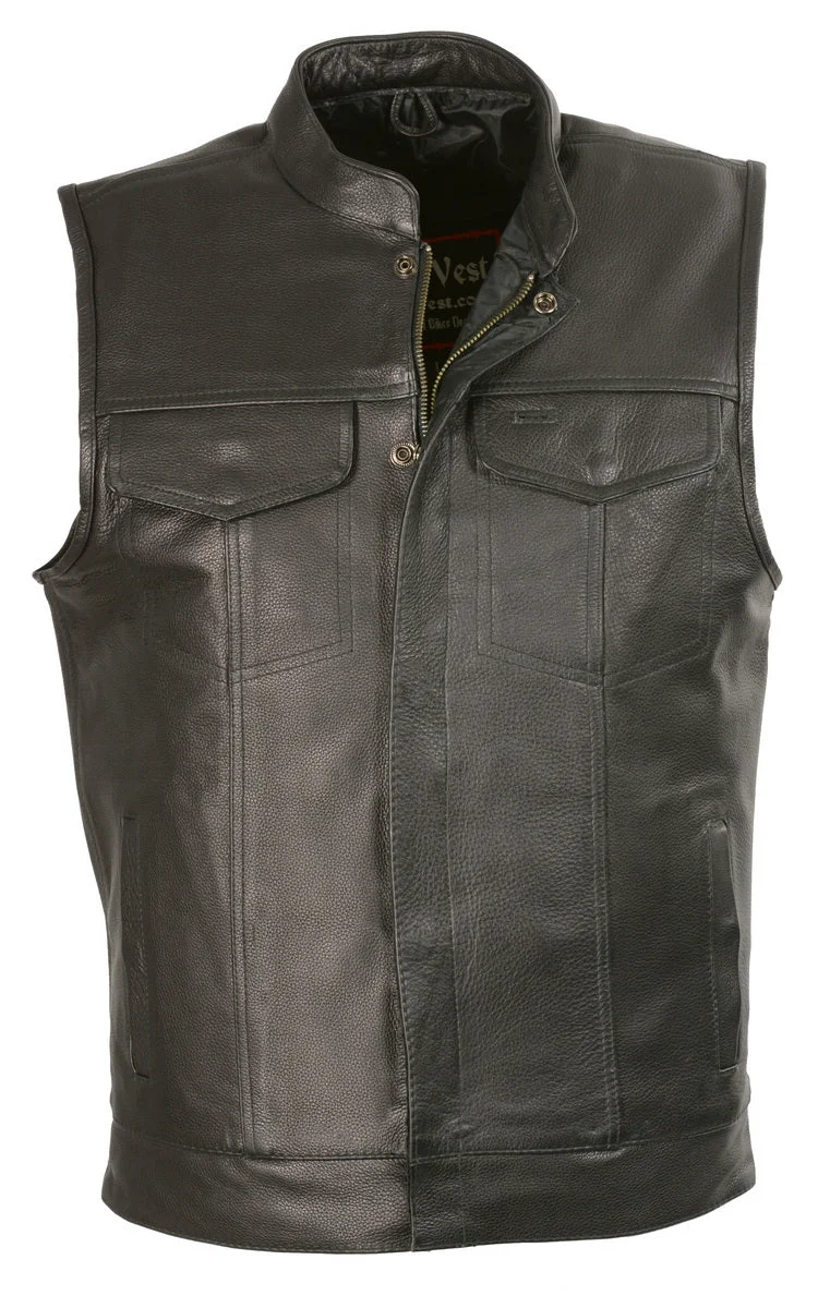 User-Friendly Club Vest CVM3510 Men s Black Zipper Leather Vest with Seamless Back Design High-End