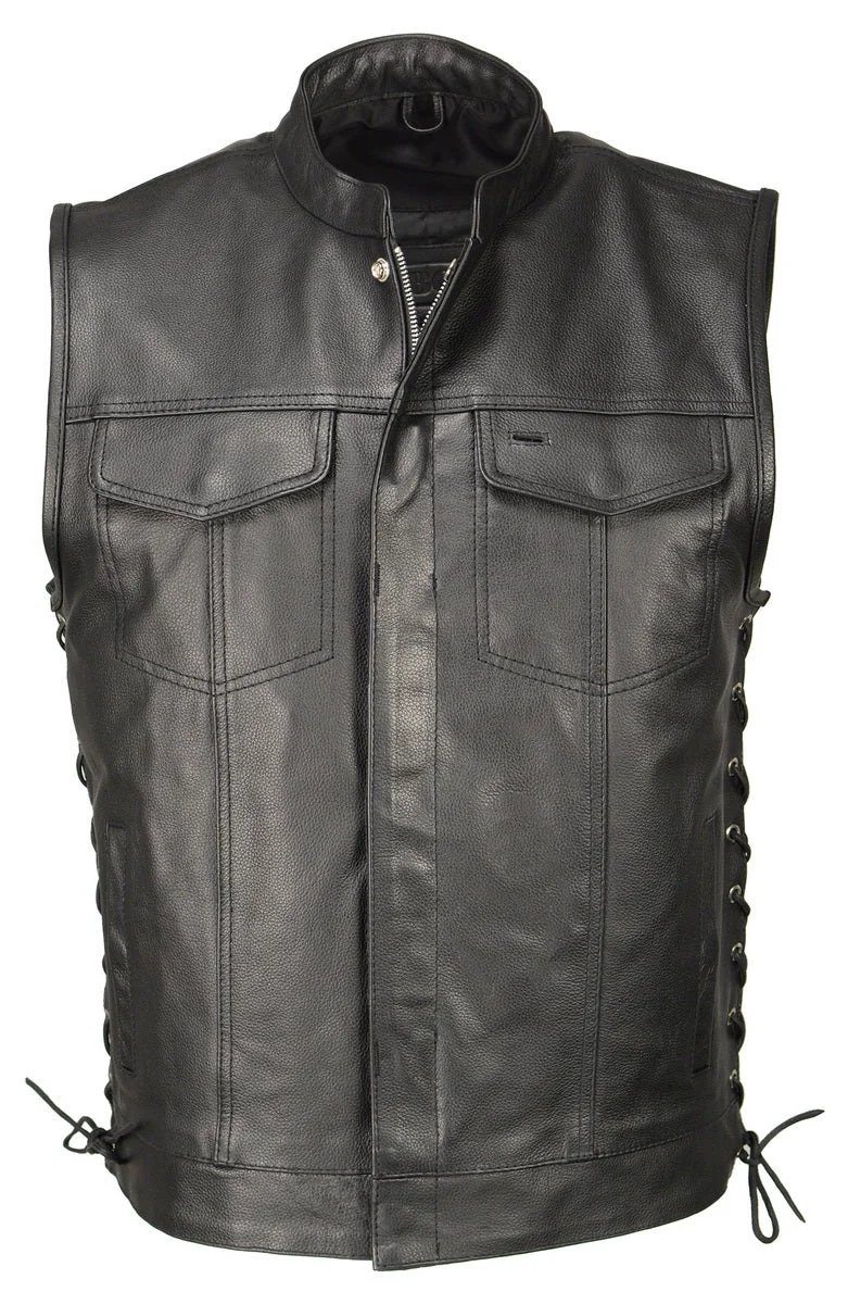 Crafted M Boss Motorcycle Apparel BOS13503 Men’s Black Leather Side Lace Club Style Vest with Quick Draw Pocket First-Class